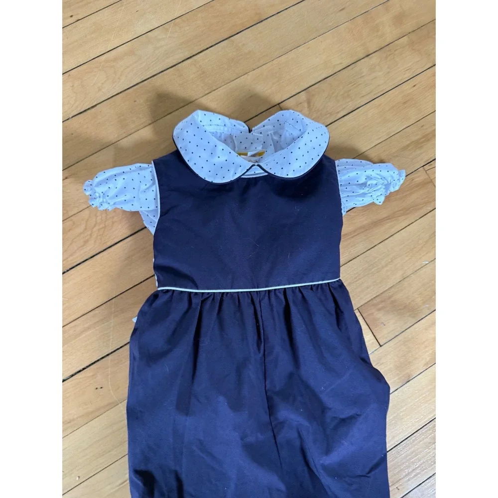 The Beaufort Bonnet Company overall outfit toddler Navy blue polka dot‎ tie bow